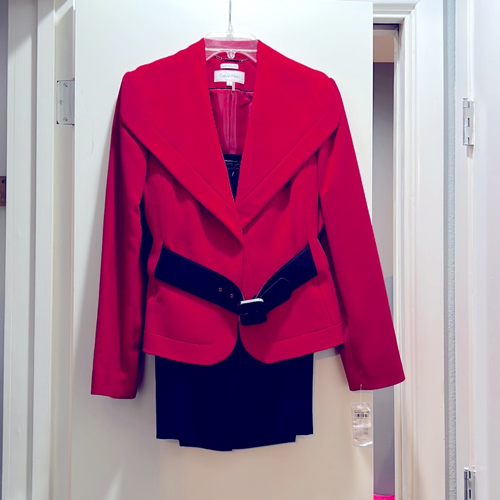 Red Calvin Klein belted suit set